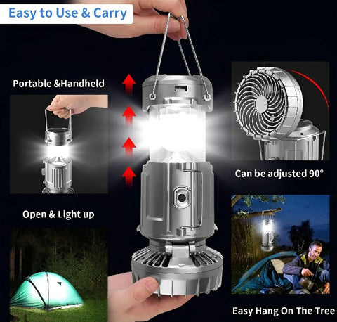 Solar camping lantern with fan